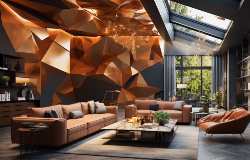 A contemporary living room with a spacious geometric wall as the focal point.