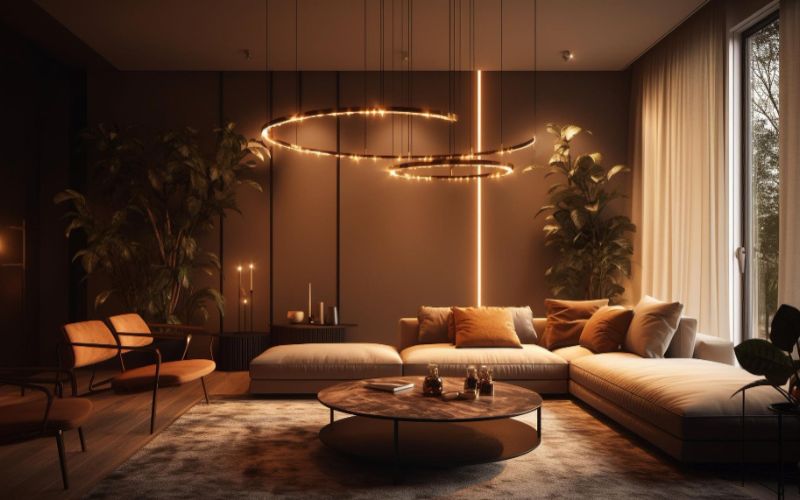 A modern turnkey living room with a large round light fixture hanging from the ceiling.